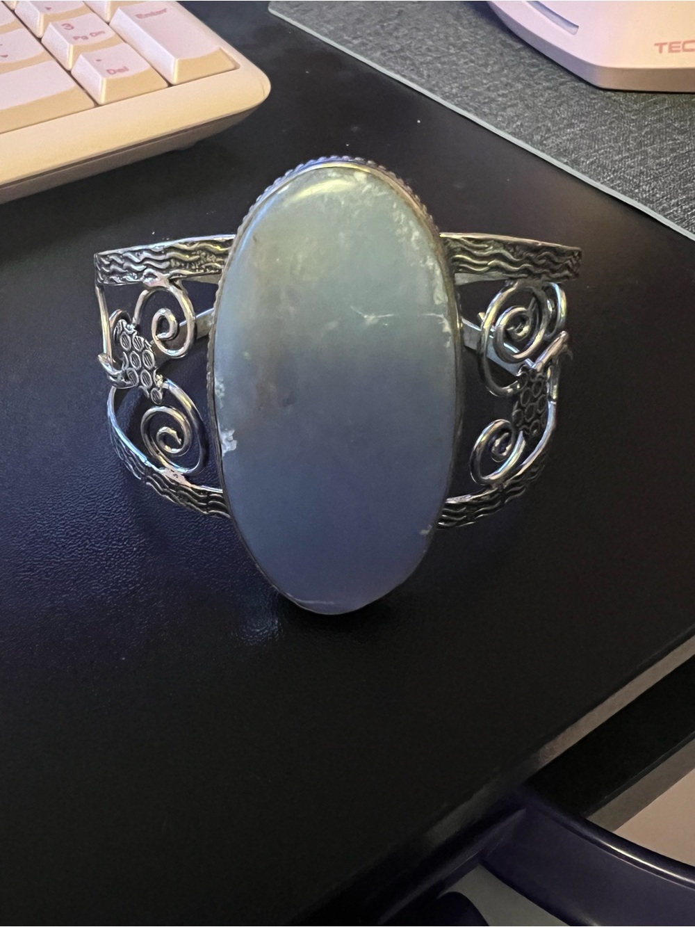 Silver Angelite Oval Stone Cuff Bracelet - Unbranded